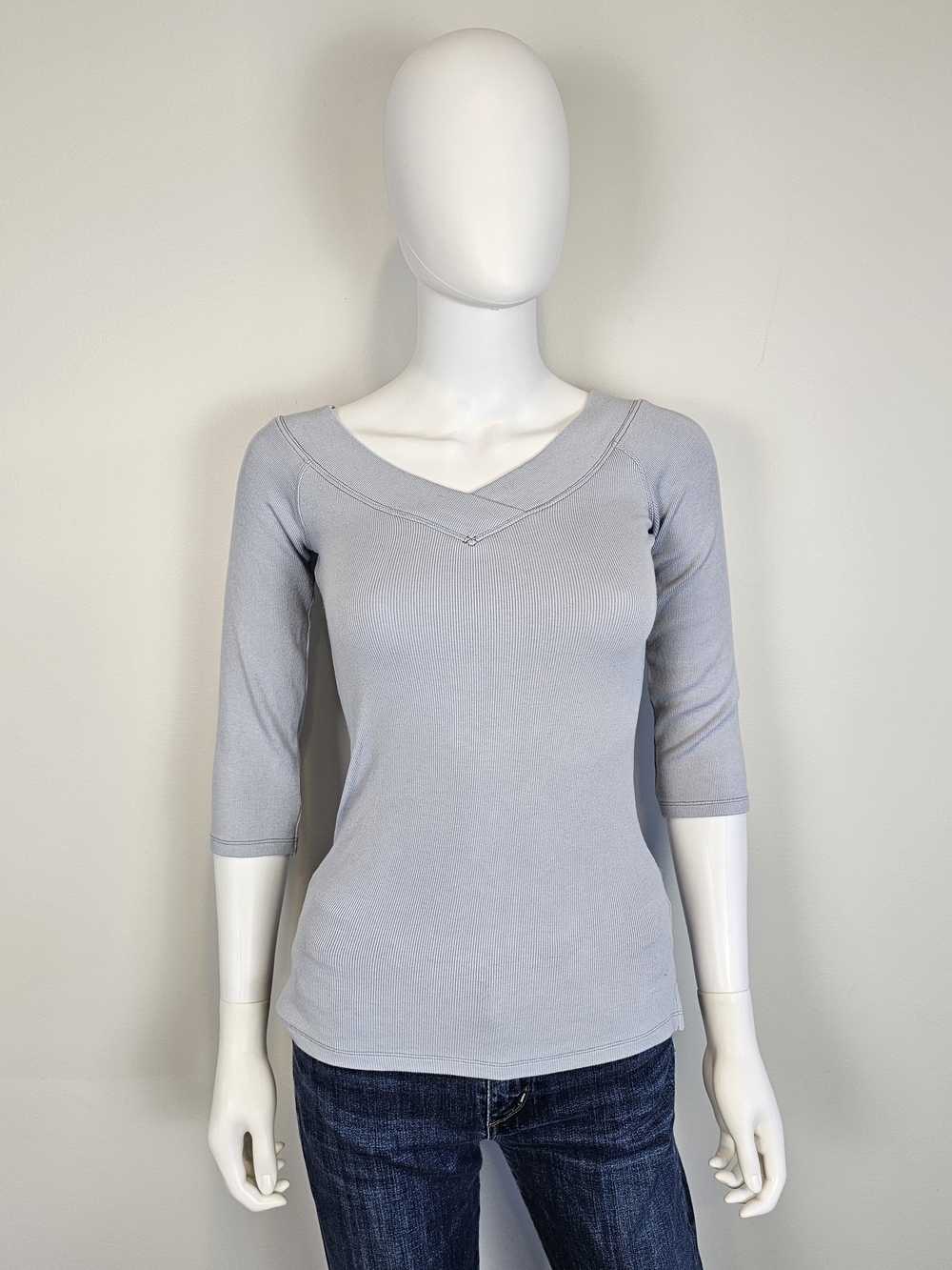 We The Free Light Blue V-Neck 3/4 Sleeve Ribbed Top Sz M